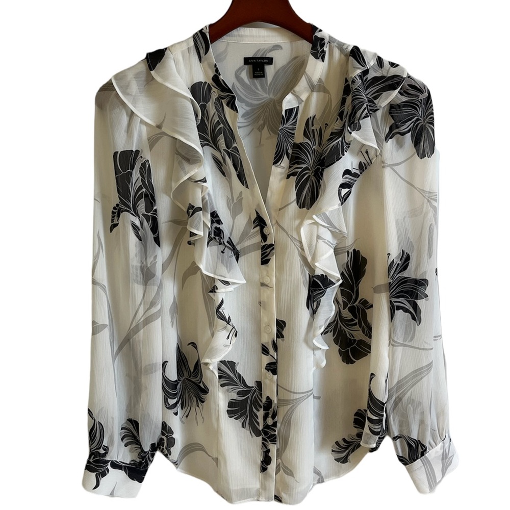 Chiffon Sheer ruffle floral print blouse NWOT